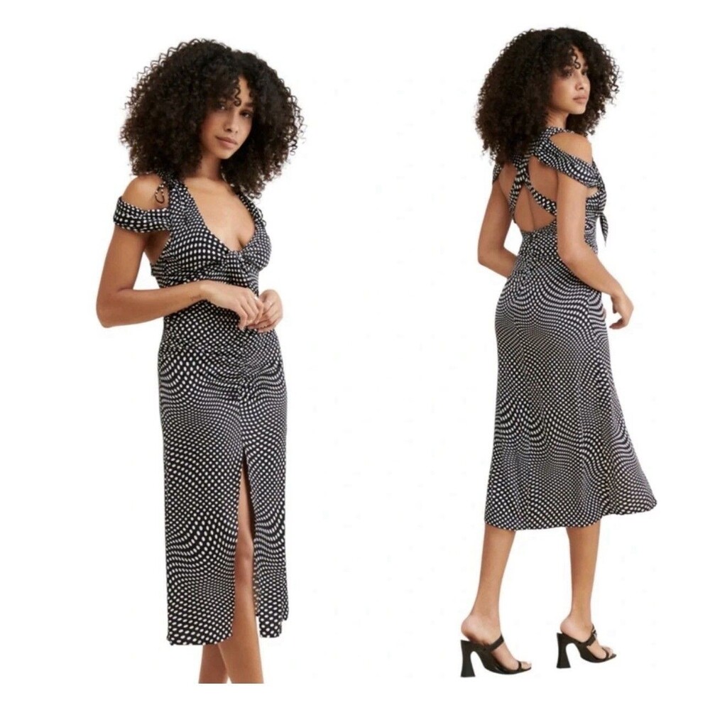 For Love & Lemons Beth Midi Dress Black White Polka Dot Pattern Size Medium